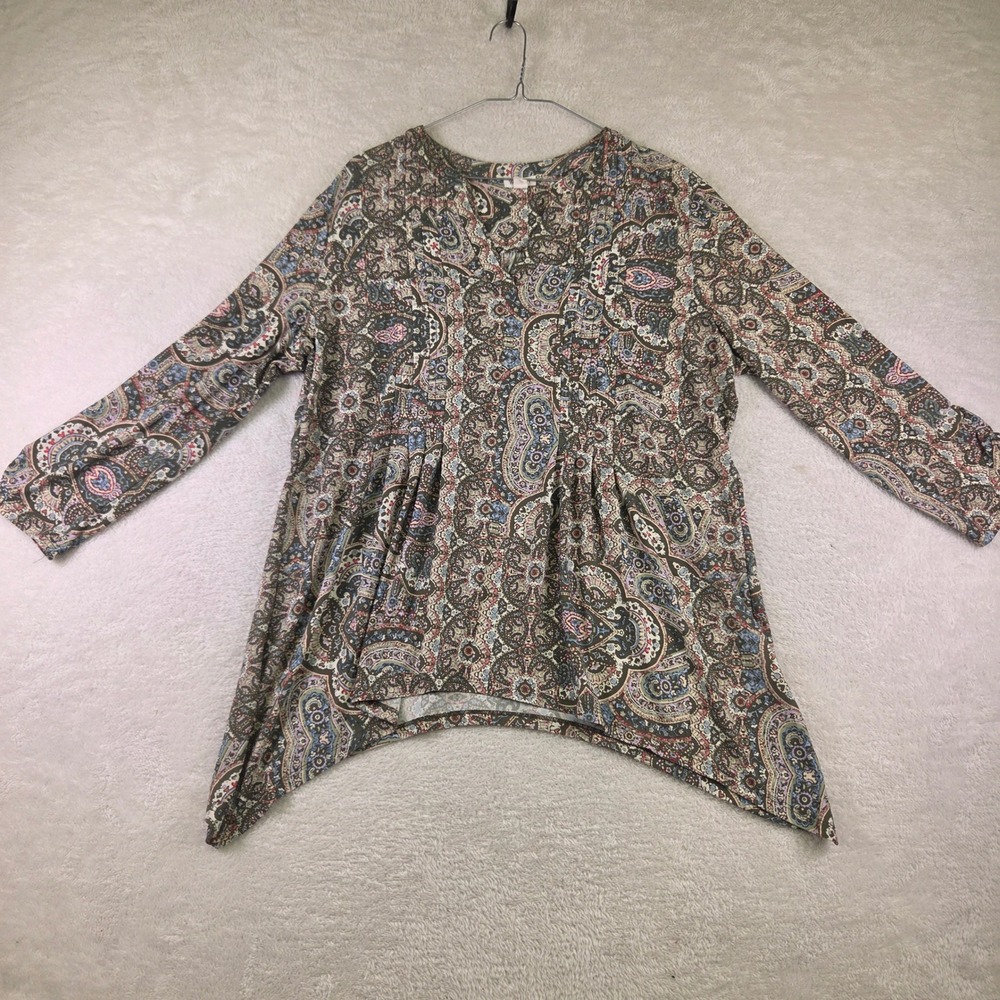 Westport Womens XL Olive Green Paisley Sharkbite Hem Long Sleeve Blouse Top